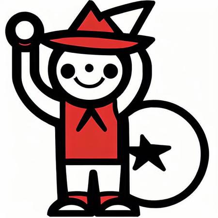 an illustration of schnucks wearing a punk_rocker costume, white background, full_body, solo, hat, shoes, arm_up, smile