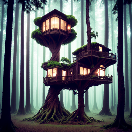 photo, a tree house in the middle of a forest (Metroidvania style:1) <lora:djzMetroidvaniaV21:1>