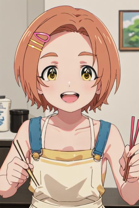 ryuzaki_kaoru_theidolmastercinderellagirlsu149 short_hair, hair_ornament, hairclip, orange_hair, brown_hair, yellow_eyes, smile, upper_body, open_mouth