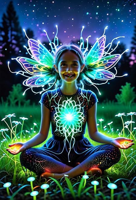 The image portrays an enchanted scene where everyday elements are transformed into glowing wonders. A radiant young woman sits in a bioluminescent field, her skin shimmering faintly as if kissed by celestial light. Her joyful smile radiates warmth, and her sparkling eyes reflect an ethereal connection to the magical surroundings. 
Her simple attire appears woven with threads of light, subtly glowing and shifting in hues reminiscent of twilight. In her hand, a small object—a flower or cup—emits a soft, pulsating glow, illuminating her face and adding to the surreal ambiance.
The grassy field is alive with light, each blade glowing faintly, while tiny, luminous creatures—perhaps fireflies or ethereal fairies—dance around her. The air shimmers as celestial light filters down, blending seamlessly with the bioluminescent landscape. In the background, blurred outlines of trees are crowned with sparkling, star-like lights, and dew drops refract the light into miniature rainbows.
The mood is one of serenity and wonder, as though this moment exists in a dreamlike state where the ordinary becomes extraordinary. This magical transformation invites the viewer into a world where nature and celestial beauty merge into a glowing masterpiece.