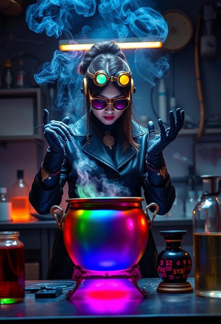 A femme fatale in a science lab, wearing black rubber overcoat, robotic hands, and brass goggles, works on a rainbow cauldron on a table, steampunk, cyberpunk, hyper-maximalism, rainbow iridescent smoke