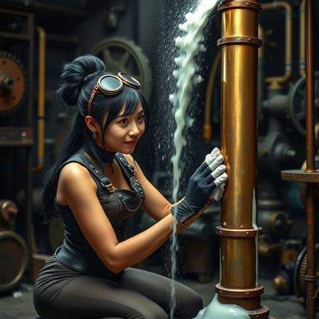 A Southeast Asian woman with brown skin, long black hair tied up in a messy bun, is dressed in a tight, steampunk-inspired outfit with a corset, fingerless gloves, and goggles pushed up on her head. She is working in a dimly lit, gear-filled workshop, kneeling in front of a tall, vertical brass pipe. As she rubs the wide pipe with a cloth, inspecting it closely, it suddenly starts spurting a thick white fluid in a powerful stream, catching her by surprise. The fluid sprays out with pressure, splashing over her gloves and lightly covering her outfit. Her wide-eyed expression conveys both shock and amusement, creating a funny, slightly awkward moment in the midst of her repair work.