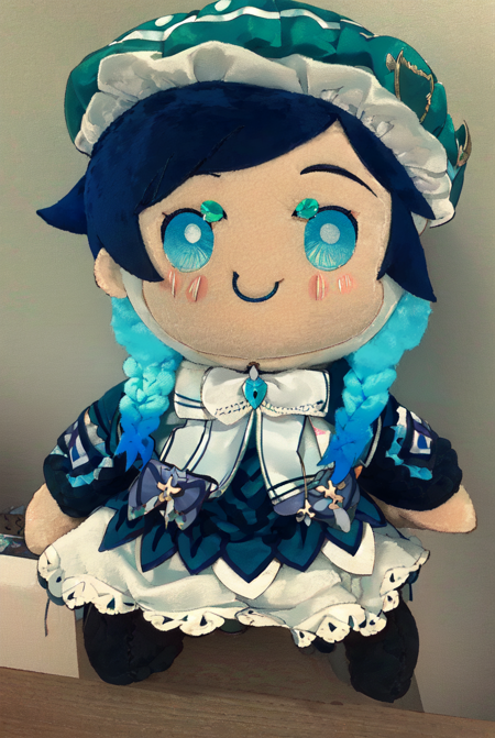 Toy Plushie, masterpiece, best quality,1boy, solo, green headwear, braid, male focus, short hair with long locks, twin braids, hat, blue hair, smile, black hair, beret, gradient hair, bangs, blue eyes, frills, multicolored hair, looking at viewer, bow, jewelry, gem, maid headdress, androgynous<lora:Toy_Plushies-10:1>