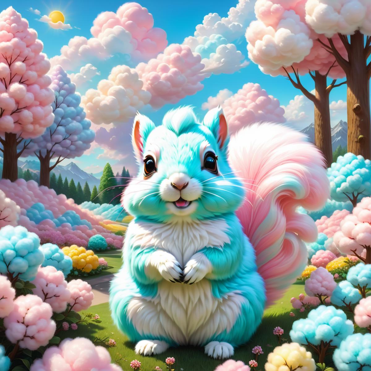 A blue, white, and pink squirrel poses for a picture in a colorful forest.