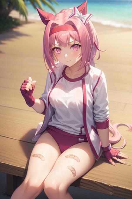 masterpiece,best quality,solo,1girl,haru urara,jacket, gym uniform, shirt,red buruma,bandaid on leg, fingerless gloves,sitting,hair bow,<lora:haru_urara_lohav29-000040:1>,ocean