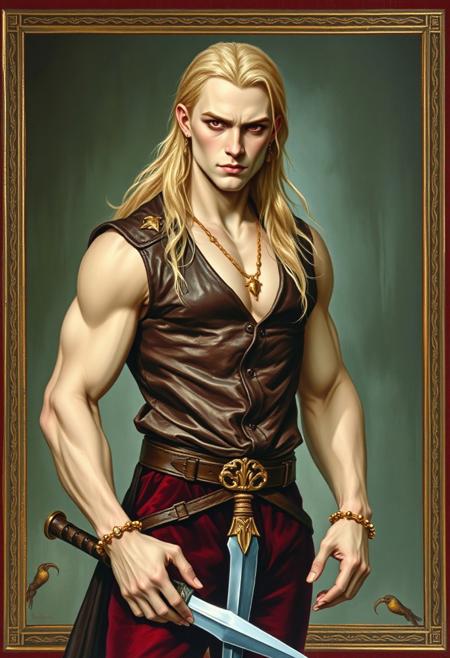 A 1300s icon style oil painting of a blonde haired male vampire 1500s fashion, muscular , pale skin with a light greenish glow m beautiful , wearing a leather vest and burgundy velour pants. Red eyes , leather belts with a rapier and golden jewelry , long hair   The image has a border that looks like copper plate engraving
