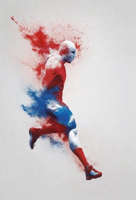 dust floating in the air transforming into a white hollow male silhouette resembling different olympic sports, use only colors blue & white & red, (amount of particles: 1.35), iconic, glossy white background, abstract, impressionistic, aesthetics, highest quality, ((highest resolution))