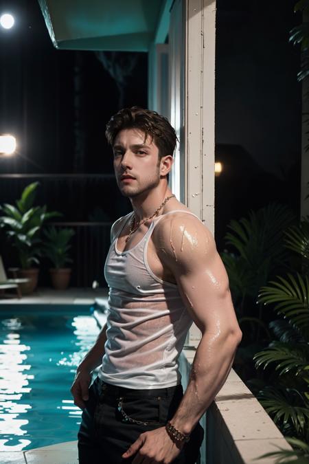 ramirolozano person, blonde hair, ginger mature man, night time, necklace, shirtless, bare chest, wet tank top, (white top:1.2), (drop low-cut armhole), big bare shoulders, muscular guy, facial hair, beard, sharp focus, 1boy, extra wide-range, big biceps, bare shoulder, look looking at viewer, pool party, multiple boys, hold cocktails, colorful flamigo, float, <lora:ramirolozano_12210:1>, neon lighting, (masterpiece, best quality:1.5)