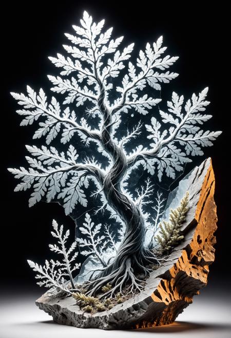 An enigmatic sculpture blending a petrified lightning bolt with a Lichtenberg figure, showcasing a fractal, branching pattern etched into fossilized glass and an inner core of glowing, plasma-like filaments. Photographed in a frozen, electrifying pose using high-voltage photography and paleontological imaging, inspired by the ancient, vitrified fulgurites and the concept of natural fractals.
 <lora:grainy-v1:0.7>