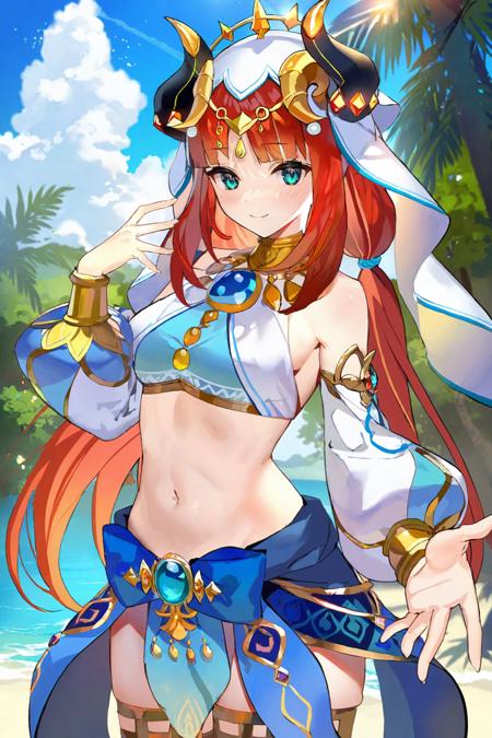 best quality, by teffish, 1girl, nilou \(genshin impact\), solo, cowboy shot, looking at viewer, outstretched hand, smile, horns, closed mouth, fake horns, aqua eyes, long hair, red hair, very long hair, twintails, bangs, parted bangs, medium breasts, breasts, navel, thighs, veil, skirt, harem outfit, blue skirt, jewelry, long sleeves, detached sleeves, puffy sleeves, puffy long sleeves, bare shoulders, neck ring, thighlet, brooch, stomach, crop top, bracer, outdoors, gold trim, blue sky, water, blue gemstone, circlet, sky, tree, vision \(genshin impact\)