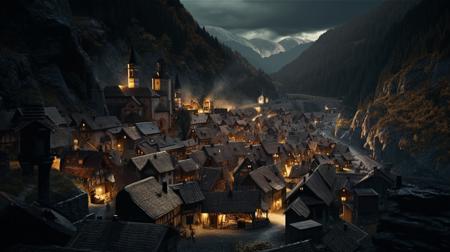 a beautiful complex and detailed medieval european village a foreground a rather dark sky but bright sacred nestled around a mountain range where enormous amounts of golden veins are buried landscape indirect lighting 4k overall brightness volumetric lighting epic composition photorealism ultra hd ultra detailed