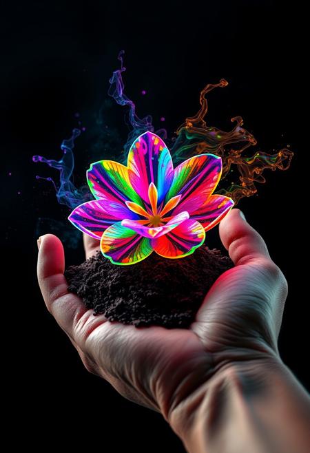 "Create a photorealistic image of the shape of a flower with multicolored petals, outlined with a vibrant, multicolored line, in an acrylic paint that swirls with a kaleidoscope of colors. The flower is in a pile of dirt in the palm of a giant hand. The surrounding environment is pitch black, with only the colorful flower and hand visible. The colors seem to be building up to a catastrophic release, as if the very presence of the flower is triggering a chain reaction of light and energy. The atmosphere is one of intense, impending destruction." Octane render, Highest-Quality, 8 k, intricate details, visually stunning, Masterpiece