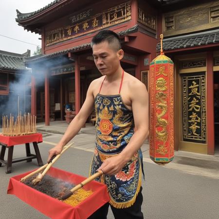 A young oracle, known as a "Ji Tong" in Taiwanese folk religion, is captured in a moment of trance-like intensity ,   <lora:houseman:0.85> ,housemanku, ku,Dressed in vibrant, traditional garments adorned with intricate embroidery and talismans, the Ji Tong is in the midst of a ritual. The setting is a bustling Taiwanese temple, filled with the smoke of incense and the fervent energy of devotees. The Ji Tong holds ritualistic tools in hand, perhaps a pair of crescent-shaped wooden blocks or a spiritual sword. The lighting is dramatic, casting shadows that accentuate the oracle's focused expression and the intricate details of the garments. The atmosphere is thick with the scent of incense and the murmurs of prayers, adding a layer of sensory depth to the image. Medium: Digital Photography. Style: Photojournalistic with a focus on cultural authenticity. Lighting: Natural temple lighting supplemented with soft, directional light to highlight the Ji Tong. Colors: Rich and vibrant to capture the essence of the ritual garments and temple decorations. Composition: A close-up shot that captures the Ji Tong and the immediate surroundings, with a blurred background to focus attention on the subject. Use photo hyper-realism, highly detailed, and high-resolution,<lora:dangi:0.6>