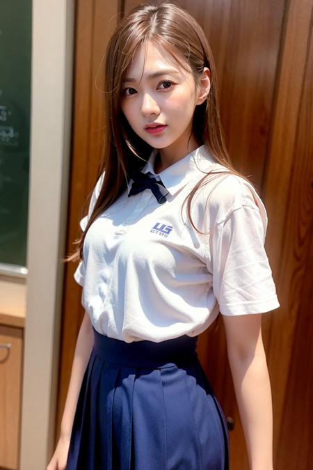 apinkhayoung, school, (day:1.1), RAW,(8k, best quality, masterpiece:1.2),(intricate details:1.4),(photorealistic:1.4),octane render, complex 3d render ultra detailed, studio soft light, rim light, vibrant details, ultra detailed, realistic skin texture, detailed face, beautiful detailed eyes, extremely detailed CG unity 8k wallpaper, makeup, (detailed background:1.2), (cowboy shot:1.2),(perfect anatomy:1.2),(wide hip:1.1),(school uniform:1.2), <lora:apinkhayoung-v1:1>