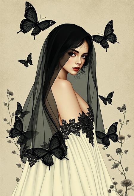elegant woman, black veil, ivory gown, black lace, gothic romance, melancholic mood, dark butterflies, soft textured background, botanical motifs, dreamlike atmosphere, serene expression, poetic composition, introspective mood, fantasy portrait, romantic gothic style, screen print illustration, detailed linework, art nouveau influence, cinematic composition, dramatic lighting, graphic realism, bold color gradients, ornamental design, vintage poster style, symmetrical layouts, stylized anatomy, fine shading, expressive poses, high contrast visuals, narrative symbolism