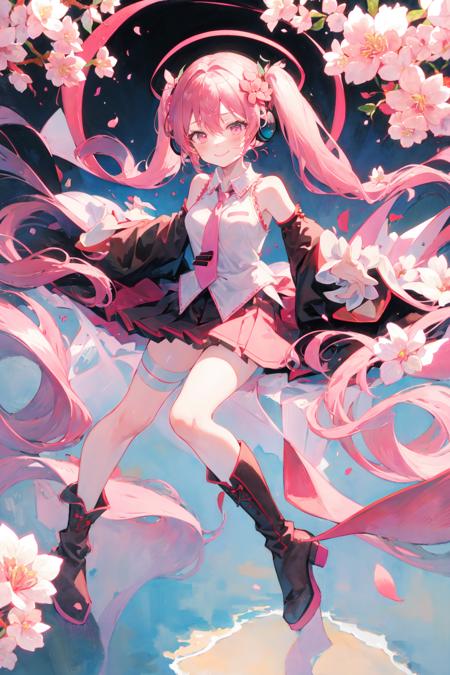 -watercolor, 1girl, long hair, skirt, pink hair, solo, flower, detached sleeves, hatsune miku, sakura miku, shirt, hair ornament, thighhighs, very long hair, pink skirt, pink eyes, looking at viewer, boots, white shirt, thigh boots, twintails, sleeveless shirt, bare shoulders, pink necktie, sleeveless, pink thighhighs, pink flower, full body, leaf, pink sleeves, cherry hair ornament, pleated skirt, pink theme, hair flower, food-themed hair ornament, smile, bangs, zettai ryouiki, necktie, hair between eyes, headphones <lora:watercolor_20230906151716-000018:0.8>