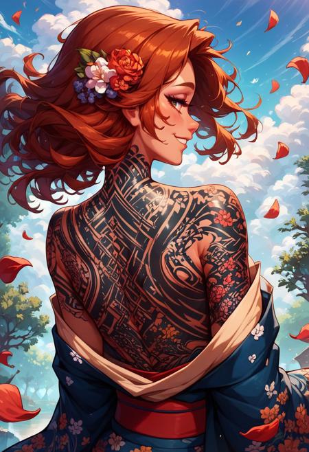 score_9, score_8_up, score_7_up, Japanese teenage girl, floral kimono, exposed shoulders, from behind, beautiful face, thick eyelashes, glossy eyes, auburn hair, cute smile, dark eyeshadow, shoulders tattoos, back tattoos, floral decoration in hair, falling petals, beautifully backlit, wideshot