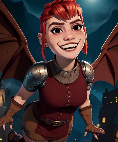 Nimona, short red hair,  freckles, sidelocks,black eyes,  smiling,  mouth open,   wings on upper back,  in air, 
NimSuit,ear piercing,armor,bandages,gloves ,dress,brown footwear,
nighttime,  barracks, 
 (insanely detailed, beautiful detailed face, masterpiece, best quality)    <lora:Nimona-10:0.7>