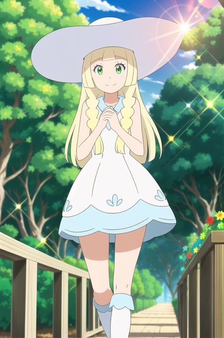 (masterpiece), high quality, detailed background, 1girl, solo,
<lora:PokemonLillie-v1-03:0.7>, ChopioLillie, blonde hair, long hair, blunt bangs, green eyes, (looking at viewer:1.3),
twin braids,
outfit_2, white dress, sleeveless dress, bare shoulders, white kneehighs, blue shoes,
sun hat, white headwear,
sunny, blue sky, clouds, trees, flowers, happy, smile, sun diffraction, lens flare, depth of field, blurry, blurry background, sparkles, standing,