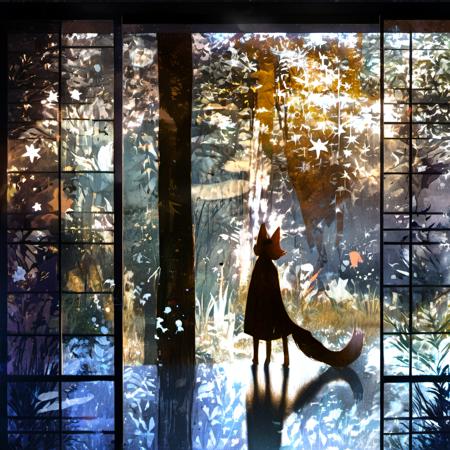 <lora:star_xl_v2:1>,
a cat sitting on a window sill looking out at the outside of the window with the cat in the window, 1girl, solo, animal ears, standing, tail, japanese clothes, water, from behind, tree, fox ears, fox tail, leaf, sunlight, scenery, reflection, silhouette, sliding doors, sitting, shadow, grass, The image showcases a serene and dreamlike scene set against a backdrop of a forest. A silhouette of a person, possibly a girl, stands in the center, holding a fox-like creature by its tail. The person is dressed in a long dress and appears to be gazing into the distance. The forest is illuminated by a soft, golden light, and there are various elements like leaves, branches, and possibly fireflies scattered throughout. The image is framed by a window or sliding door on the left, which has a grid pattern. The entire scene is overlaid with a myriad of abstract shapes, stars, and patterns, giving it a magical and ethereal quality., serene, dreamlike, forest, fox-like creature, dress, gaze, grid pattern, magical, ethereal