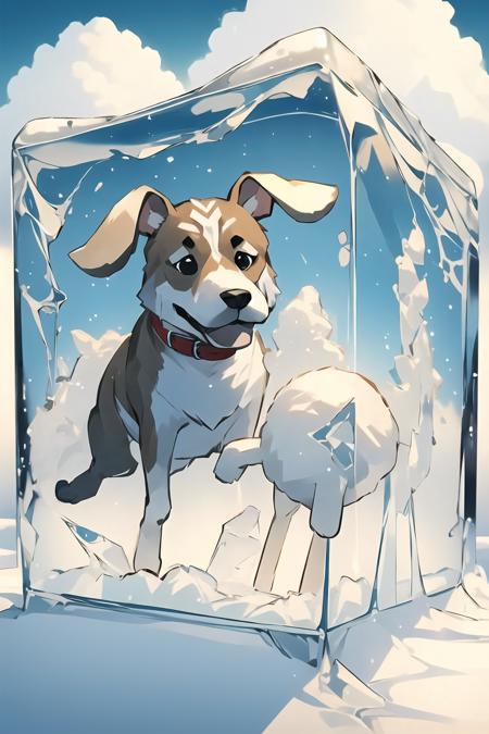 1 dog frozen in a ice block
