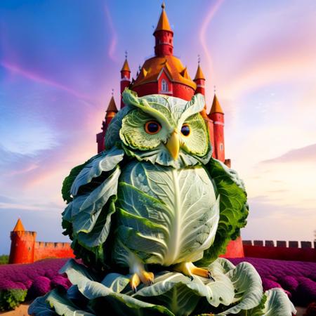 no human, (giant owl made of cabbage over a red castle:1.5), Geometric Pattern Effect: Repeating shapes (tiles, panels) create structured complexity. Color Spectrum Display: Wide range of hues from cool to warm tones.  Reflective Surface Theme: Smooth, light-catching textures evoke motion and depth. Symmetry and Balance: Central alignment with mirrored visual weight. . lazypos, rp_slgd, a surreal owl composed of  obsidian cabbage, wings made of floating cabbage leafs, perched on a red cabbage flower, on top of a red cabbage castle, a kaleidoscope swirling sand sky, glowing purple sand,
, vibrant colors, whimsical design, surreal fantasy, high detail, 4k, strong bokeh