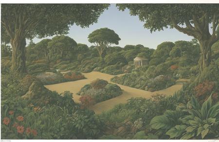 style of Roger Dean, patch ,plot ,terrace ,coppice ,arboretum , Archipelago,