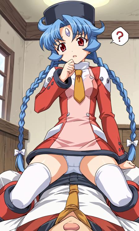 muchakarenina, blue hair, twin braids, red eyes, hat, dress, necktie, thighhighs, boots, forehead jewel