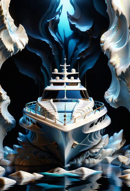Ultrarealistic. sharp focus, dynamic lighting. play of light, Raytracing, Ultra detailed. (((Liquid Marble style))). A boat made of Liquid Marble.
