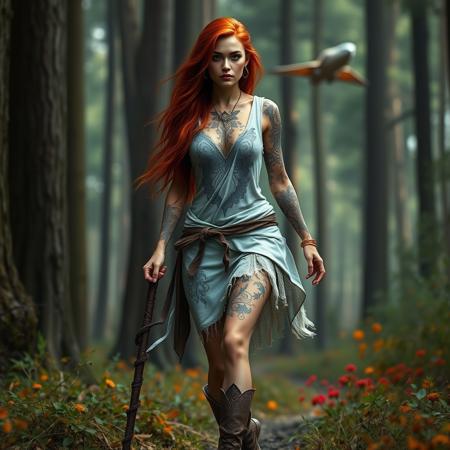 high quality digital artwork featuring a female figure in a forest setting. The subject is wearing a ragged, sleeveless, short white tunic which reveals the many elaborate mystical tattoos on her body, on her feet she wears short animal skin boots . Her facial features are sharp and ethereal, with long, red flowing hair,  she is walking and carrying an oak staff. The background consists of tall trees and coloured flora. long shot, deep focus, high quality