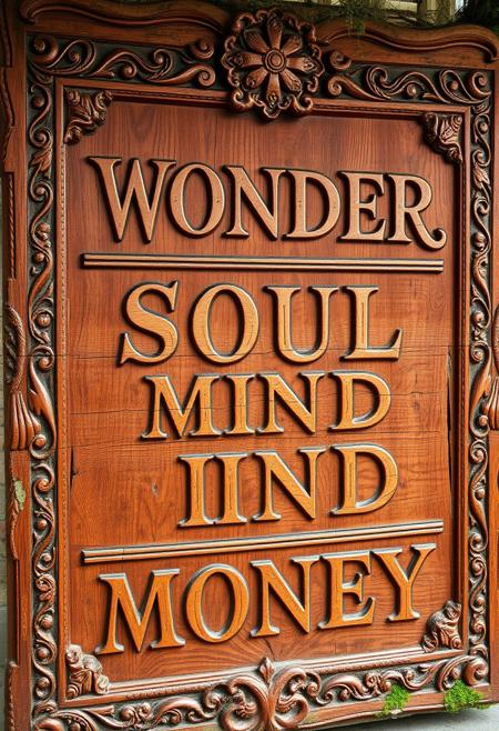 A large, ancient wooden sign, masterfully carved with exquisite and elaborate designs, evoking the feeling of a long-lost relic. The wood features deep, intricate patterns along the edges, including swirling vines, celestial symbols, and delicate filigree that resemble the craftsmanship of a forgotten civilization. Embedded in the wood are faint, mystical runes and nature-inspired carvings like leaves, flowers, and creatures, blending seamlessly with the deep grain and rich texture. The surface has a weathered look, with small cracks, knots, and areas where moss and lichen have naturally grown over time. Each letter is carved with precision in a hand-written, elegant font, flowing over four lines that read: ‘WONDER,’ ‘SOUL,’ ‘MIND,’ and ‘MONEY.’ The letters are adorned with tiny decorative accents, as though they are part of the overall design, merging with the wood’s ancient, sublime artistry. The whole piece radiates a sense of mystery and timeless beauty, as if it holds ancient wisdom within its carved surface