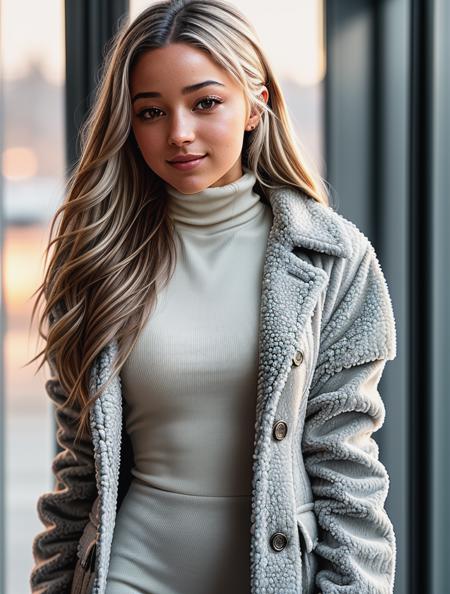 beautiful woman (l1vvydunne:.99), beautiful hair, winter Paris, elegant, snowing, natural skin texture, (fashionable fur coat), (turtleneck), sunset, cute smile, (Looking back over shoulder), 24mm, 4k textures, soft cinematic light, adobe lightroom, photolab, hdr, intricate, elegant, highly detailed, sharp focus, ((((cinematic look)))), soothing tones, insane details, intricate details, hyperdetailed, low contrast, soft cinematic light, exposure blend, hdr, faded, <lora:more_details:.6>, <lora:wowifierV3:.6>
