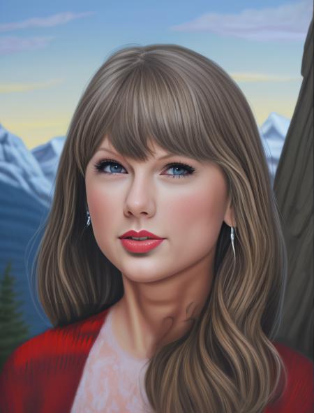 TaylorSwift, (art by Steve Sack:0.7) , portrait,close up of a Vengeful well-built Girl Standing at The Canadian Rockies, side lit, Dark hue,  <lora:TaylorSwiftSD1.5:1>