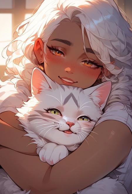 score_9, score_8_up, score_7_up, score_6_up,  <lora:p3tl0v3XLP:1> p3tl0v3, 1girl, dark skinned female, hugging a white cat