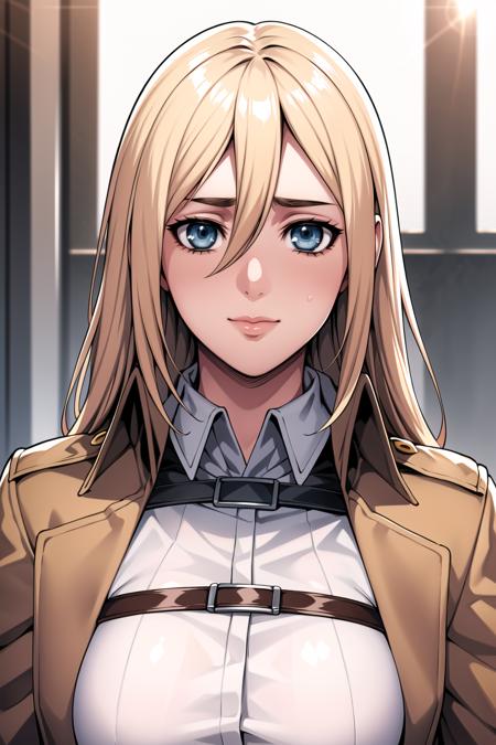 Simple White Background,
brown jacket,long sleeves,thigh strap,white shirt, military uniform,belt, Black_pencil_skirt,
<lora:Historia_Reiss_AOT-KK77-V2:0.7>,thigh strap, thighs,
blonde hair,blue eyes,bangs, Long_hair,(hair between eyes:1.3),
<lora:Oda_Non_Style-KK77-V2:0.3>,<lora:more_details:0.1>,
1 girl, 20yo,Young female,Beautiful Finger,Beautiful long legs,Beautiful body,Beautiful Nose,Beautiful character design, perfect eyes, perfect face,expressive eyes,perfect balance,
looking at viewer,(Focus on her face),closed mouth, (innocent_big_eyes:1.0),(Light_Smile:0.3),
official art,extremely detailed CG unity 8k wallpaper, perfect lighting,Colorful, Bright_Front_face_Lighting,White skin,
(masterpiece:1.0),(best_quality:1.0), ultra high res,4K,ultra-detailed,
photography, 8K, HDR, highres, absurdres:1.2, Kodak portra 400, film grain, blurry background, bokeh:1.2, lens flare, (vibrant_color:1.2),professional photograph,
(Beautiful,large_Breasts:1.4), (beautiful_face:1.5),(narrow_waist),