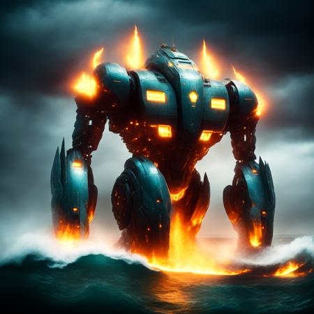 photo Massive Scale Pacific Rim Robot in the Ocean emitting flames, energy (OceanicRim style:1) <lora:djzOceanicRim:0.8)