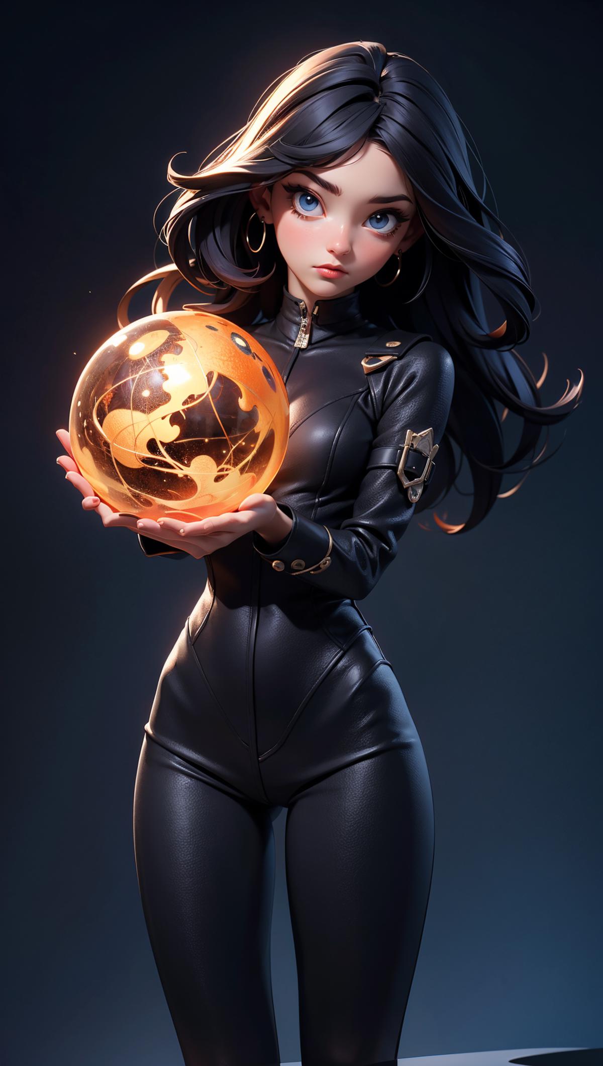 A woman in a black leather suit holding a gold globe.