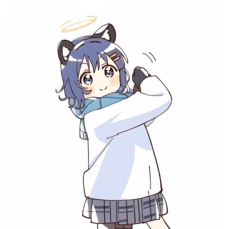 1girl, animal_ear_fluff, animal_ears, bangs, black_skirt, blue_eyes, blue_scarf, blush, closed_mouth, eyebrows_visible_through_hair, gloves, simple_background,white_background, hair_ornament, hairclip, halo, jacket, long_sleeves, looking_at_viewer, open_clothes, open_jacket, plaid, plaid_skirt, pleated_skirt, scarf, shirt, skirt, smile, solo, white_shirt, <lora:namori2-000008:1>