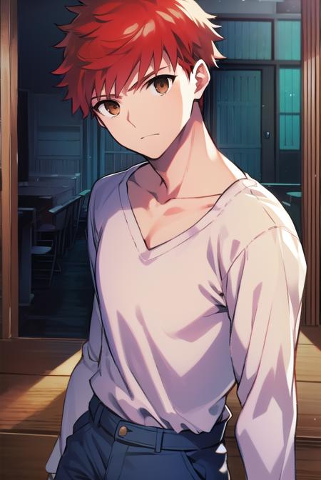 shirouemiya, <lora:shirouemiyatest:1>, 
shirou emiya, 1boy, (red hair:1.5), spiked hair, (brown eyes:1.5), mature male,
BREAK blue pants, collarbone, pants, shirt, long sleeves, white shirt,
BREAK looking at viewer,
BREAK indoors, classroom,
BREAK <lora:GoodHands-vanilla:1>, (masterpiece:1.2), best quality, high resolution, unity 8k wallpaper, (illustration:0.8), (beautiful detailed eyes:1.6), extremely detailed face, perfect lighting, extremely detailed CG, (perfect hands, perfect anatomy),