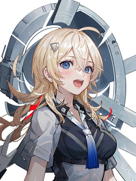 tuscaloosa /(kancolle/), 1girl, solo, gloves, blue necktie, white background, necktie, shirt, white gloves, blue shirt, upper body, simple background, heart, looking at viewer, open mouth, breasts, ahoge, smile, bangs, short sleeves, hairclip, original, intricate detail, illustration, masterpiece, extremely detailed CG unity 8k wallpaper, highlight, sharpening, dynamic,  <lora:Tuscaloosa:0.5>