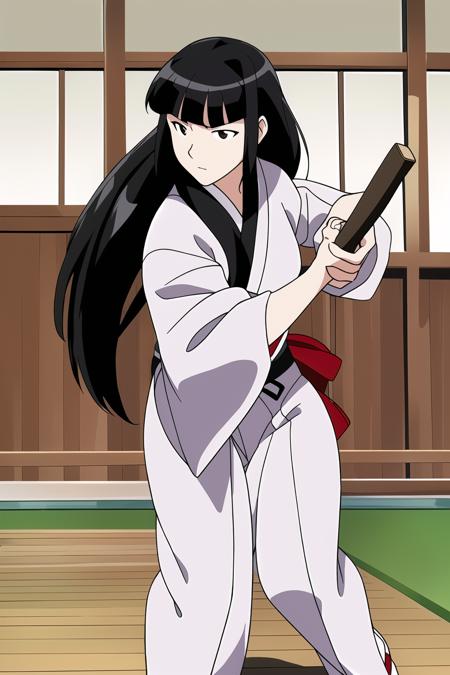 <lora:love-hina-motoko-aoyama:0.9> motoko aoyama wearing a white kimono with a black belt, (kendo:1.1) training, holding a wooden stick with both hands, full body shot, in a school classroom