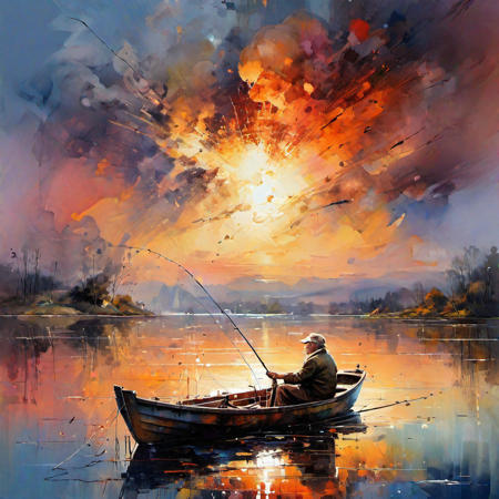 Old man fishing on a boat in a sunset lake by Thomas Wells Schaller :: Leonid Afremov :: Carne Griffiths :: Russ Mills :: photorealistic :: hyperdetailed :: vibrant deep colors, nuclear mushroom cloud explosion in the distance