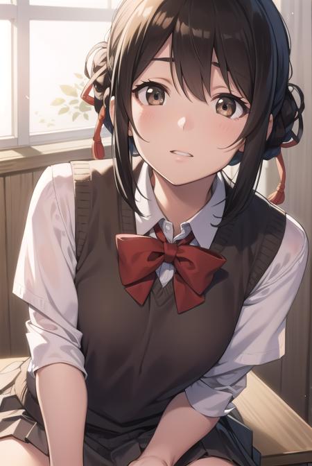 mitsuhamiyamizu, <lora:mitsuhatest:1>,
mitsuha miyamizu, black hair, (brown eyes:1.5), hair ribbon, (small breast:1.2),
BREAK bow, bowtie, kneehighs, pleated skirt, red bow, red bowtie, school uniform, skirt, sweater vest, brown vest,
BREAK looking at viewer,
BREAK indoors, classroom,
BREAK <lora:GoodHands-vanilla:1>, (masterpiece:1.2), best quality, high resolution, unity 8k wallpaper, (illustration:0.8), (beautiful detailed eyes:1.6), extremely detailed face, perfect lighting, extremely detailed CG, (perfect hands, perfect anatomy),