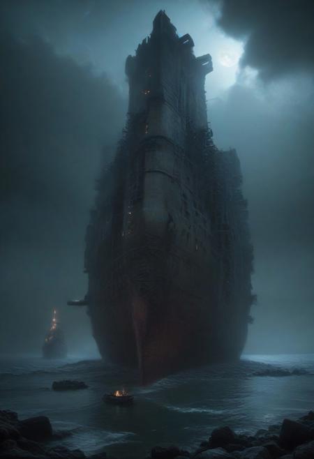 Looking up, dynamic angle, low angle, Wistful, Best quality, masterpiece, Stylish composition, gloomy lighting, moonlit night, surreal, Atmospheric perspective, An imposing (((Warship))) looms over the shot, colossal, immense, gigantic, monumental, formidable, massive, titanic scale, mechanophobia, megalophobia, derelict, calm sea glassy reflective, desolation