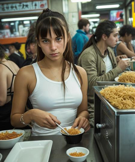 gritty raw street photography, ultra high detail sharp focus photo, plain clean earthy young female hacker, matrixpunk cybercostume, eating noodles in a busy crowded street diner, working hard,