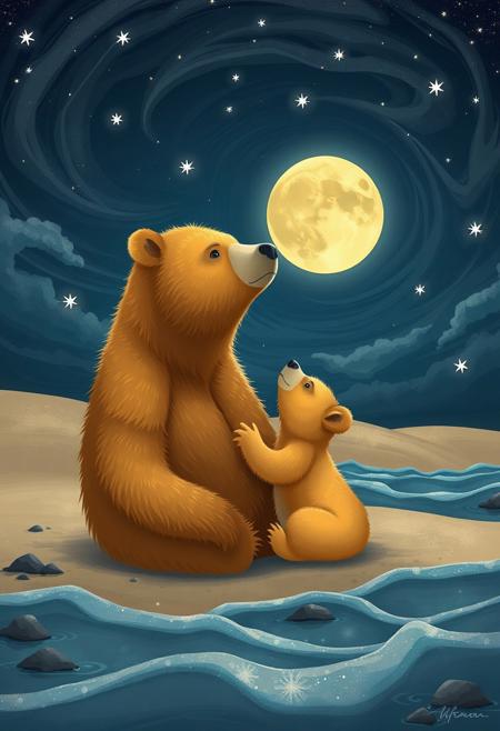 Under starry skies, a mother bear and her cub sit together on a moonlit beach, surrounded by the gentle lapping of the waves. The mama bear's fur is a warm golden brown, blending with the sandy dunes behind them. Her curious little one gazes up at the swirling clouds, stars twinkling like diamonds scattered across the velvety darkness. The air is crisp and cool, filled with the sweet scent of saltwater and seaweed. The bears' profiles are illuminated by a soft, silvery light, as if the moon itself has come to join them in their stargazing reverie.