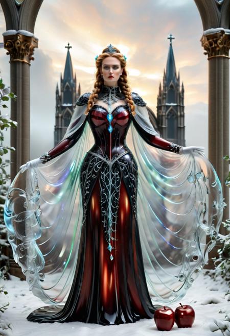 murano_glass_style, Realism_Quality_2xx_By_Stable_Yogi, (cathedral:2), indoors, standing, 1woman, solo, long hair, black choker, eyeliner, gorgeous lips, covered breasts, cinematic, best quality, ultra-detailed, very aesthetic, (natural eyes:1.4), freckles, aloof, (masterpiece:1.1), small waist, fitness body, wide hips, 32 years old, golden blond hair, censored, (big stained glass windows:1.4), (Victorian dress:2), high end closure, Evil Queen, cinemascope, moody, epic, gorgeous, film grain, (holding glowing red apple:2.4), (white ground fog:2), natural hands, blue elbow gloves, knee boots, dramatic , sunset, (orange sky:1.6), window, ritual magic, freyja, auburn hair, braided hair, magic, forest, Viking queen, mythic beauty, feathered cloak, fur, armor, robe, braid, rune jewelry, photorealistic, cinematic, flowers, jewelry, photorealism, cinematic lighting, high fantasy, mythic portraiture, soft background, northern folklore aesthetic, (fully dressed:2), trained,