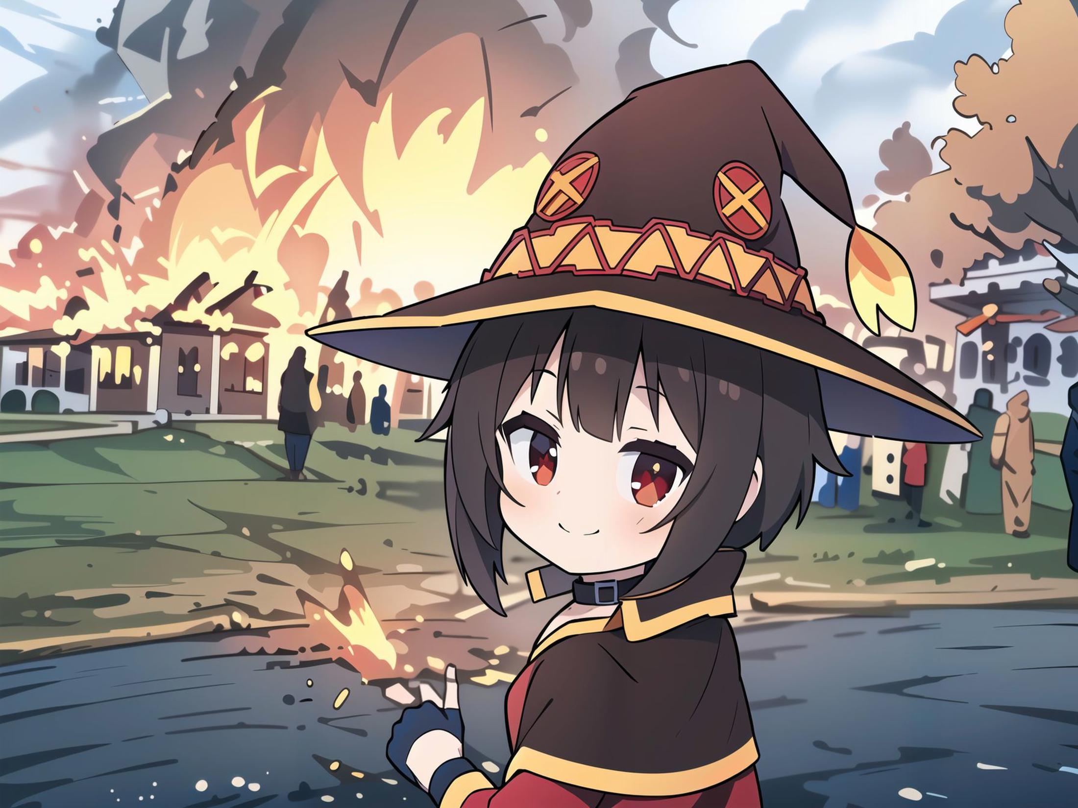 A young woman in a witch's hat, surrounded by a crowd and flames.