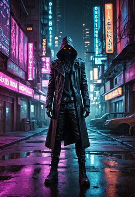 In the hauntingly atmospheric corner of a retro-futuristic digital dystopia, an enigmatic figure emerges - a lone hacker, illuminated by neon-soaked city streets. This neo-noir bohemian photograph captures the essence of the protagonist's clandestine existence, depicted through meticulous attention to detail. Each pixel of the image displays a seamless fusion of vibrant cyberpunk aesthetics and gritty noir ambiance, showcasing the meticulous craftsmanship behind this masterpiece.