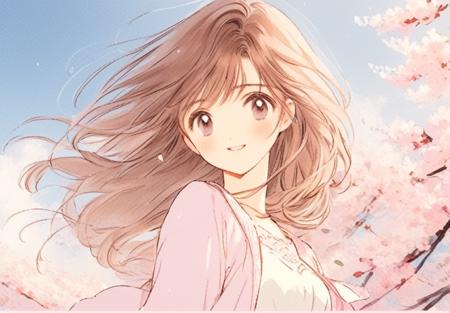 (masterpiece,best quality,ultra_detailed,highres,absurdres:1.2),Beautiful girl, pixiv, illustration style, highest quality, delicate drawing, long hair, Pastel colored cardigan and flared skirt, brown hair, about 21 years old, cute, beautiful, smile, facing forward, cherry blossoms, wind, blue sky, anime, high quality, handwriting, handwriting, extremely fine, pixiv, 16k
<lora:1990s-sdxl:1>